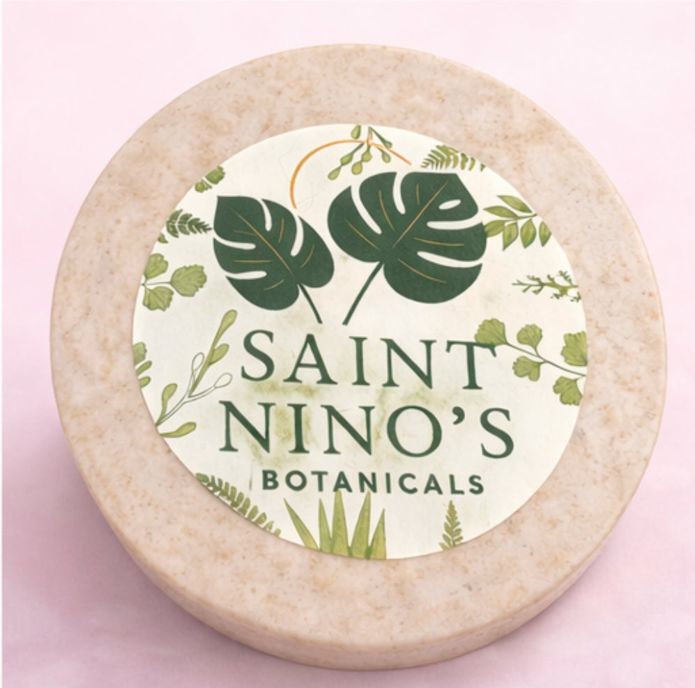 Close-up of Saint Nino’s Botanicals botanical leaf logo on body butter jar lid