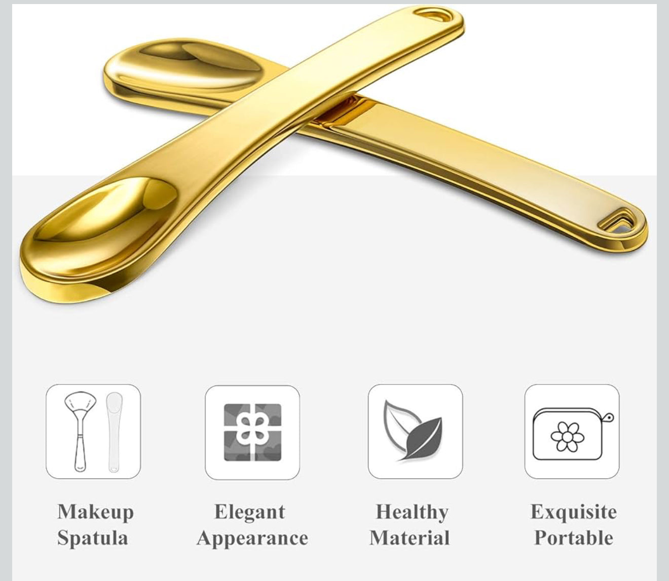 Gold makeup spatula with icons and text describing its features on a white background