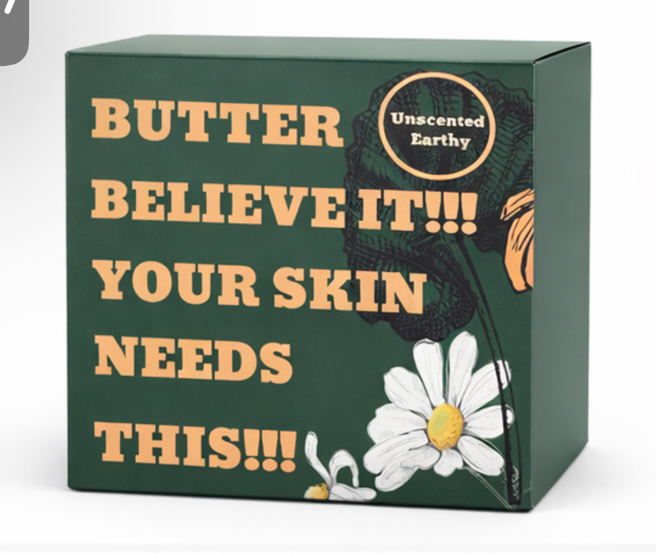 Product packaging with text and a daisy illustration on a green background