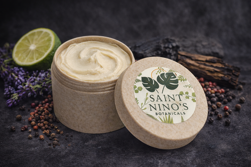 Jar of cream with Saint Nino's Botanicals label on a dark background