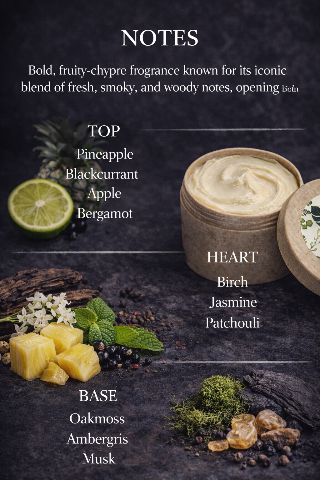 Product description card with ingredients and notes on a dark background. Fragrance notes are citrus, pineapple, Black current apple Bergamont birch jasmine patchouly Oakmoss Grease and musk
