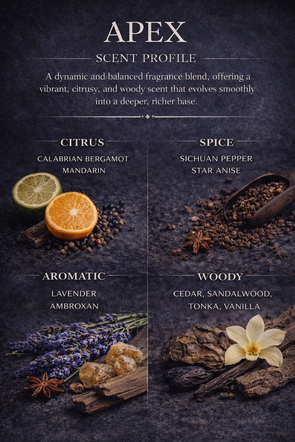 APEX scented profile with citrus, spice, aromatic, and woody elements on a dark background.