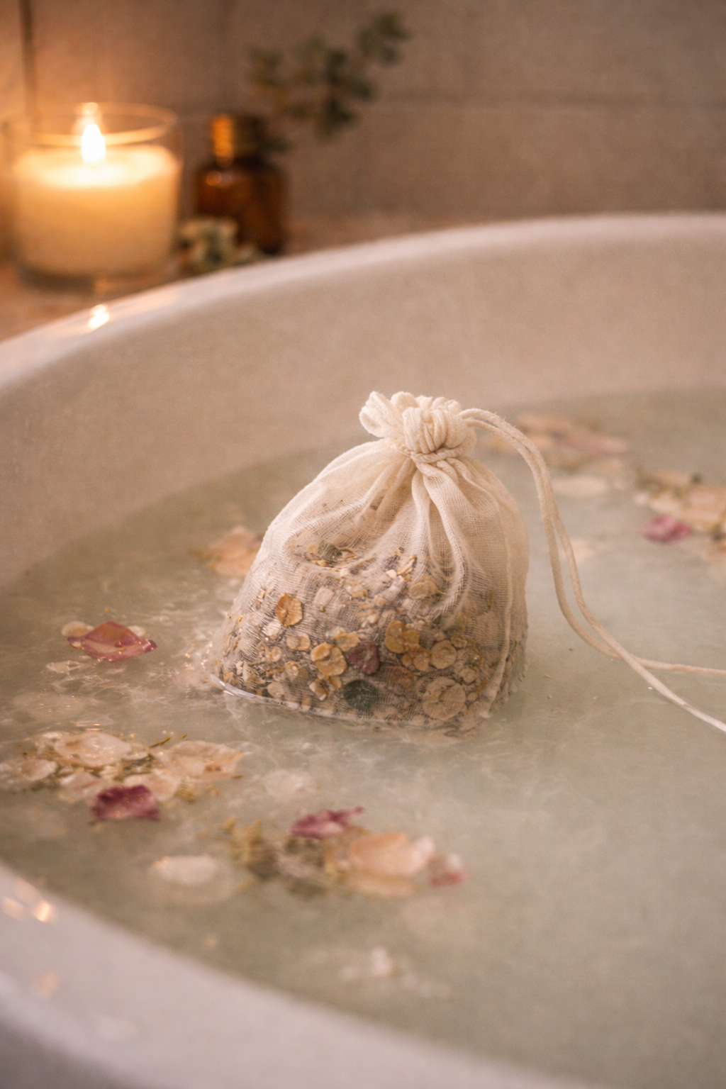 Bath bomb in a bathtub with flowers and a candle