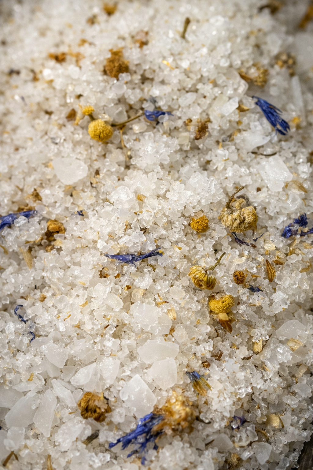 Close-up of white epsom salt with small flowers and debris