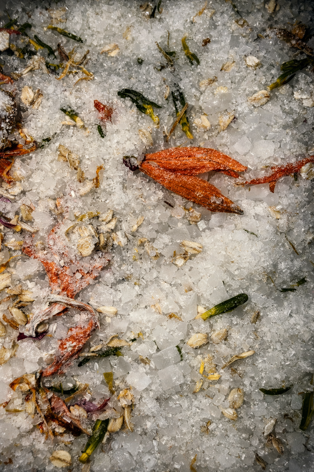 Close-up of dried leaves and debris on a white Epsom salt