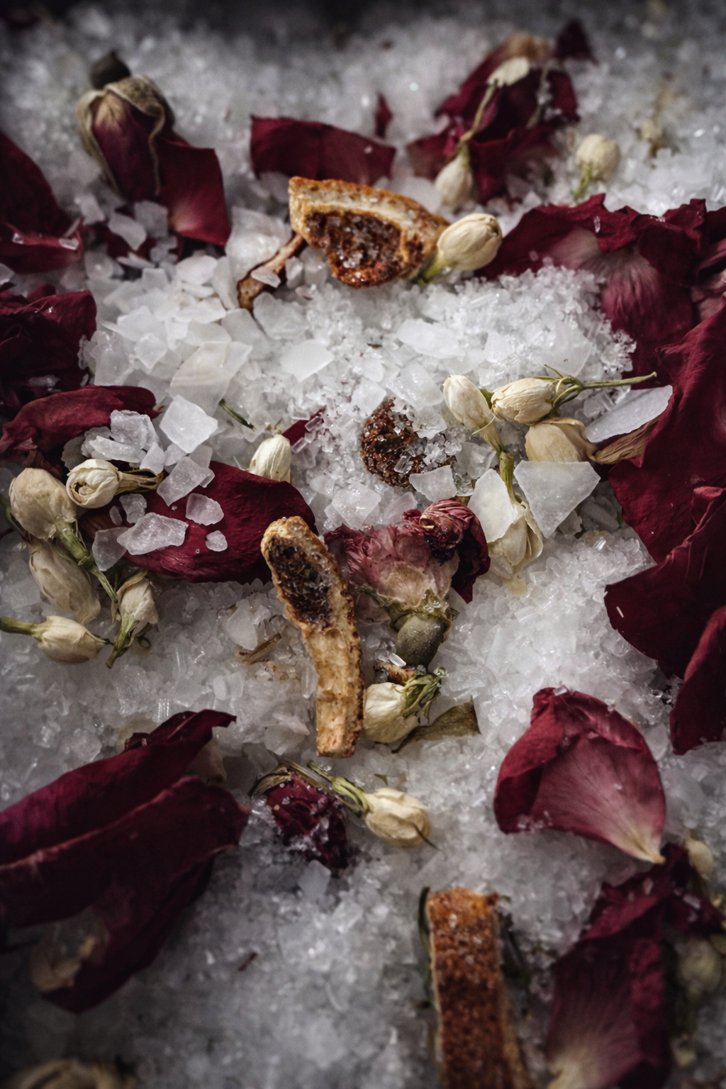 Dried flowers and herbs on a bed of salt